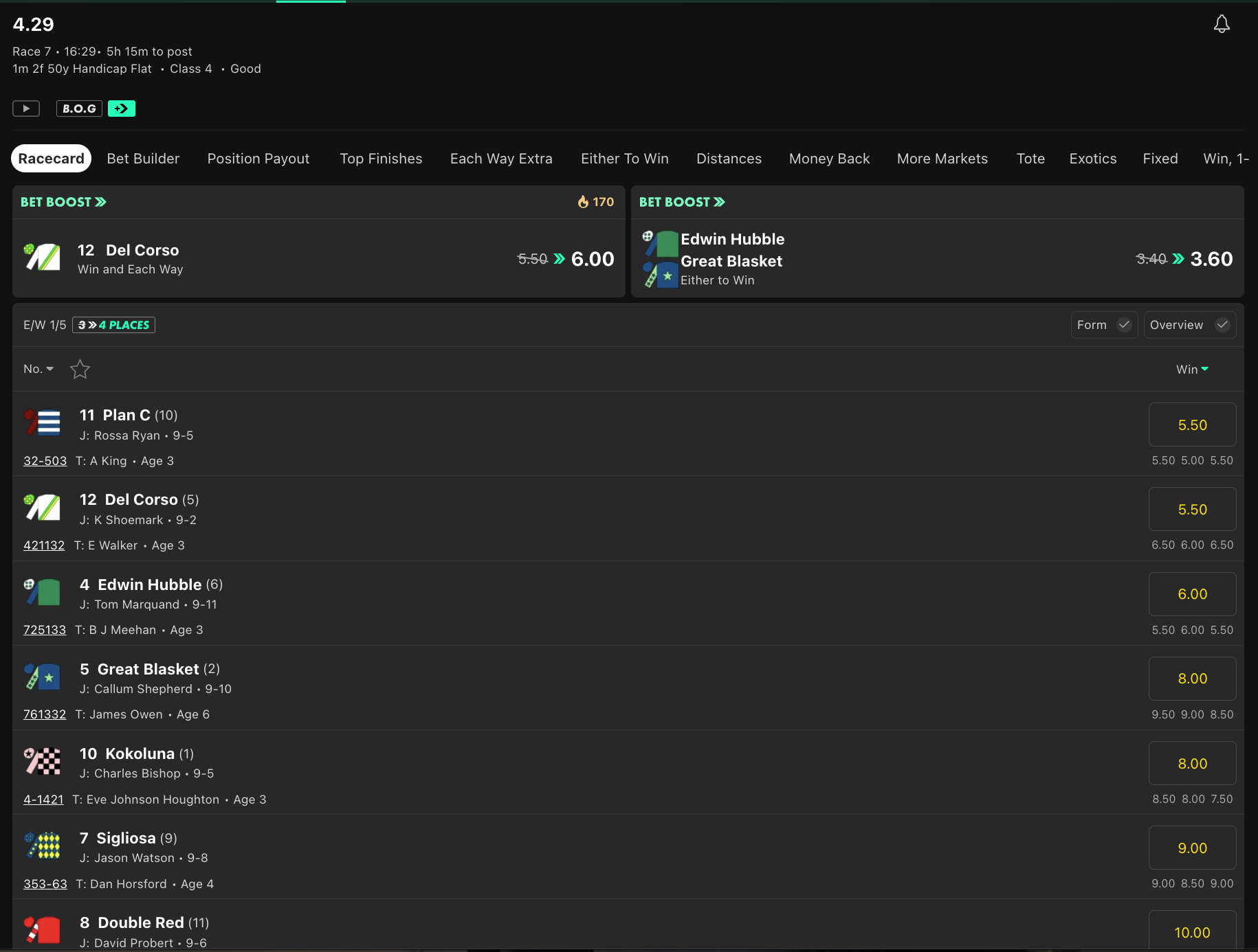 Horse racing racecard with Bet365